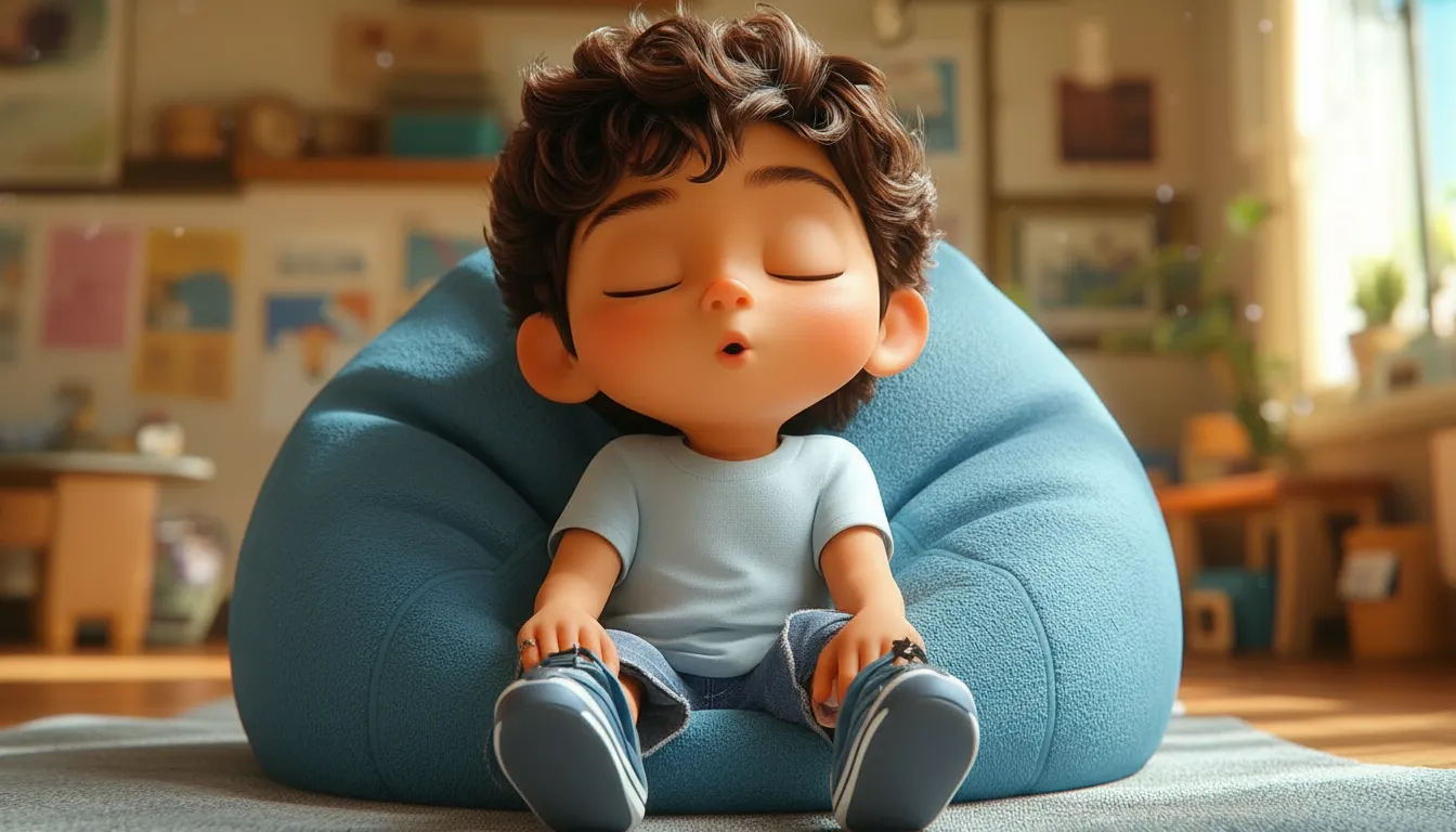 Cartoon child gently resting in a cozy calm corner with soft pillows and a fidget toy.