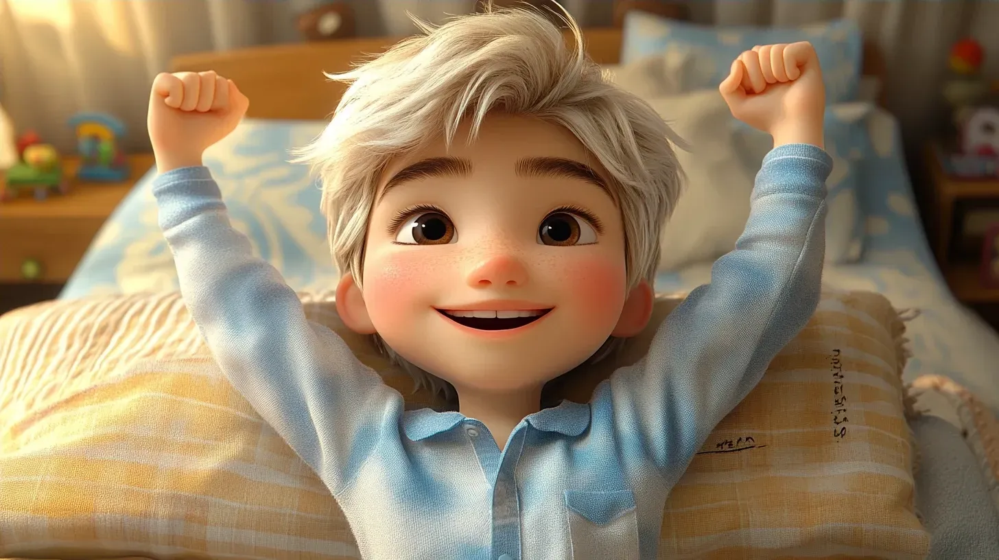 Cartoon child happily following a visual morning routine with sun in background.