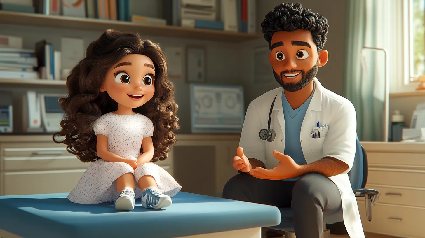 Cartoon child smiling at a friendly doctor holding a stethoscope, inside an examination room.