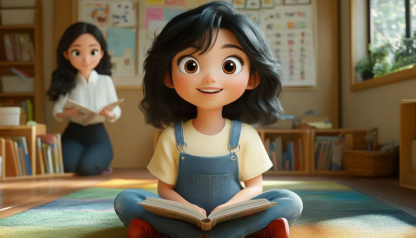 Cartoon drawing of a friendly substitute teacher smiling at a diverse group of happy children in a classroom.