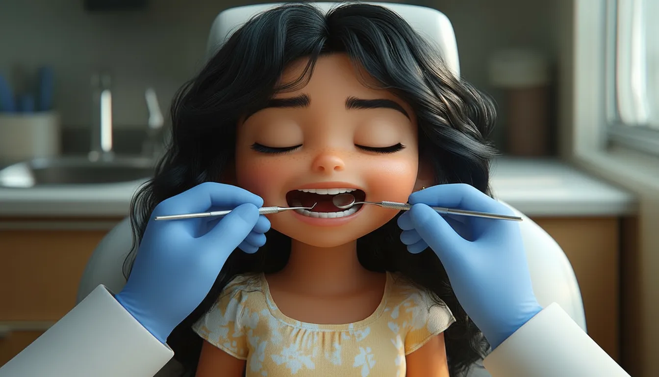 Cartoon thumbnail showing a smiling child in a dental chair with a friendly dentist and assistant.