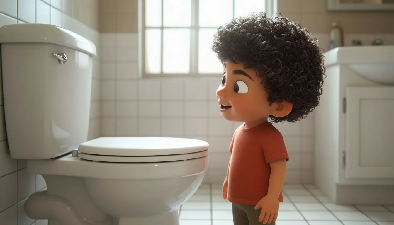 Cartoon child happily washing hands at a sink after using the toilet, representing a successful bathroom routine.