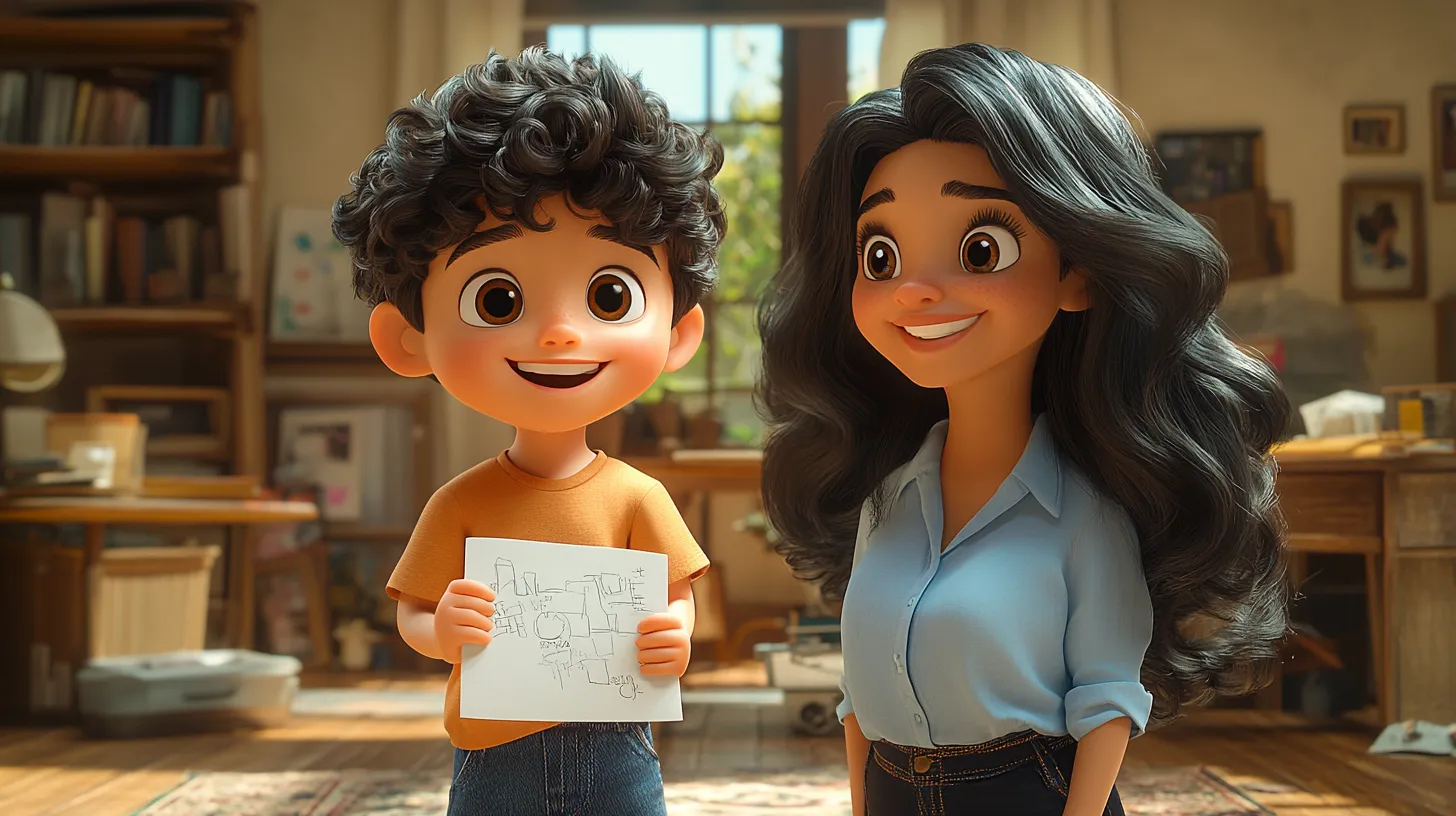 A child happily sitting at a desk with an open book and colorful visual aids on how to do homework.