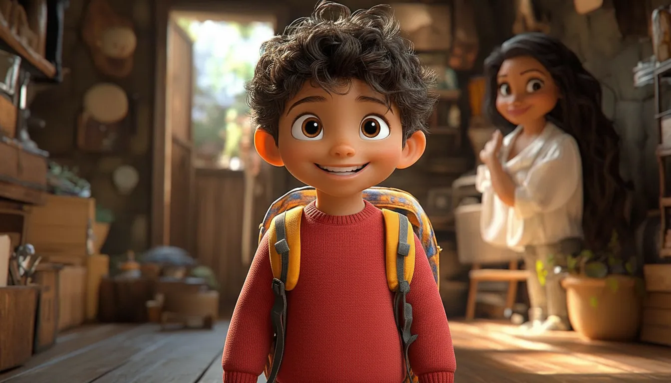 Cartoon child brushing teeth, getting dressed, and eating breakfast for school.