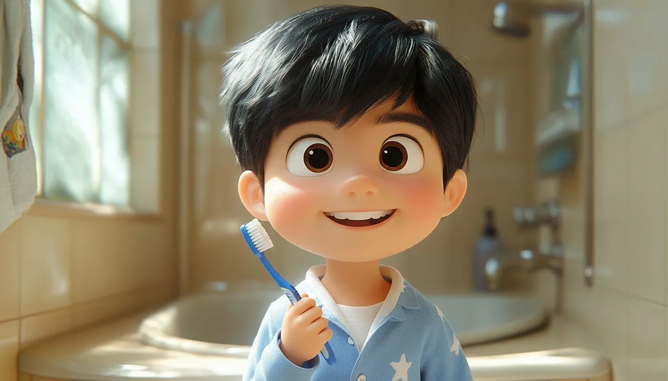 Cartoon child happily brushing teeth, with a toothbrush and toothpaste, in a bathroom setting.