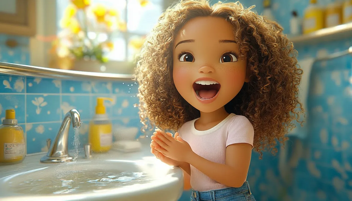 Cartoon child happily washing hands at a sink, with soap bubbles and water.