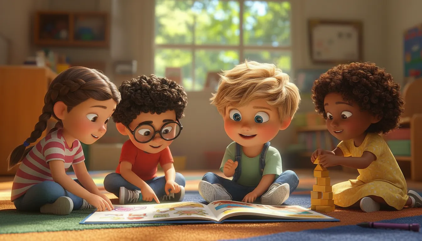 Cartoon children smiling and cooperating on a puzzle, showing teamwork and sharing.