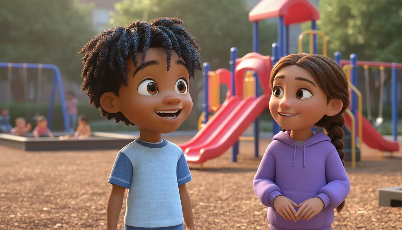 Cartoon children, diverse and smiling, playing together happily, depicting friendship.