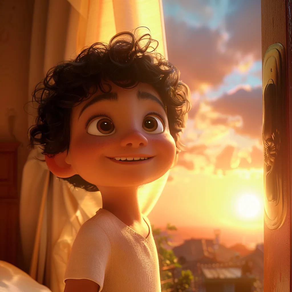 Cartoon illustration of the sun settling behind hills as stars twinkle in a darkening blue sky.